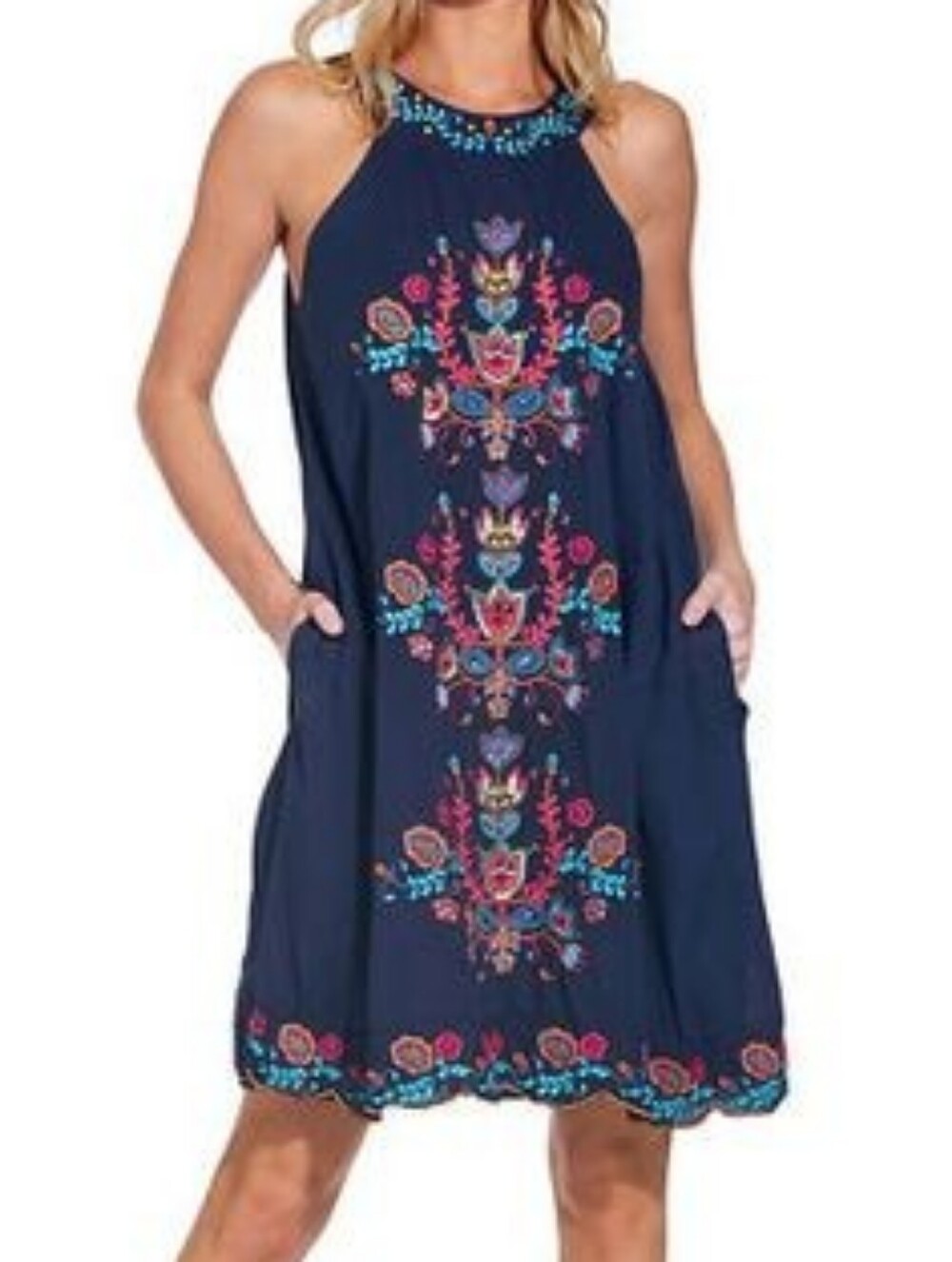 EUC Boston Proper Lula Soul Navy Multi Embroidered Boho Dress